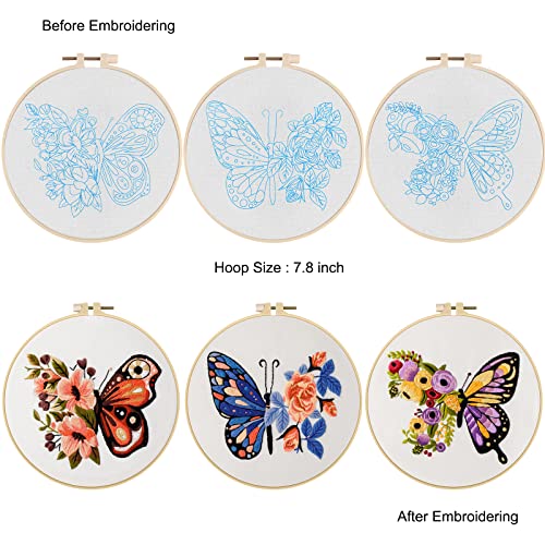 Anidaroel 3 Sets Butterfly Flower Pattern Embroidery Starter Kit for Beginners, Stamped Cross Stitch Kits for Beginners Adults Include Embroidery Anidaroel