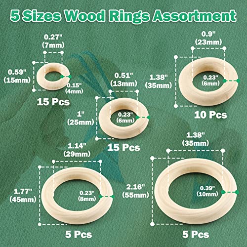 Suiwotin 50pcs 5 Sizes Natural Wood Rings, Unfinished Solid Wooden Hoops, Smooth Wooden Rings for Craft, Jewelry Making, DIY Pendant Connectors suiwotin