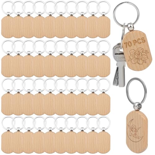 70 PCS Wooden Keychains, Engraving Blanks Wooden Blank Keychains, Wood Key Chain Bulk, Wooden Key Ring Key Tag for DIY Gift Crafts Homaisson