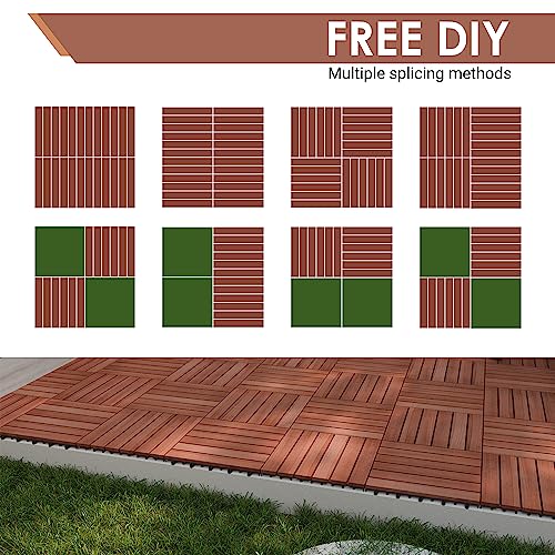 PrimeZone 54 PCS Solid Acacia Wood Interlocking Patio Deck Tiles - 12" x 12" Indoor Outdoor Waterproof Flooring Tiles for Balcony, Backyard, Garden & PrimeZone