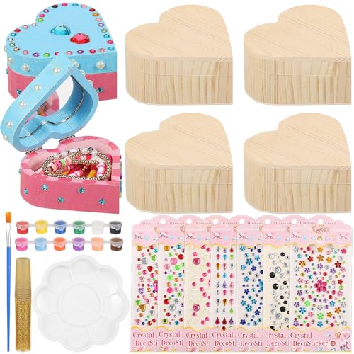Kigley 6 Sets Paint Your Own Wooden Heart Boxes Arts and Craft Paint Kits Unfinished Wood Jewelry Box for Ages 2-12 Year Old Girls Boys DIY Craft Kigley