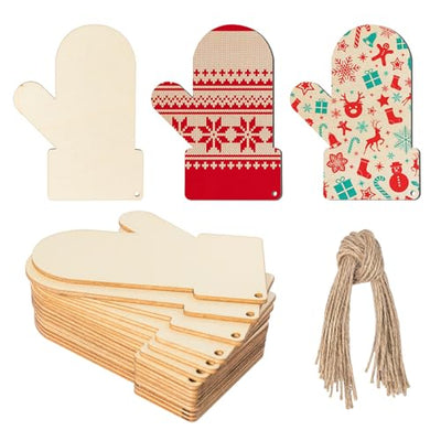 Christmas Mitten Wooden Christmas Blank Wood with Twines Art Unfinished Ornaments for Christmas Wedding Birthday Party Christmas Thanksgiving Day