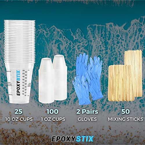 EpoxyStix Disposable Measuring Cups Combo Pack for Mixing Epoxy Resin - Pack of 25 Clear 10 Oz Cups and 100 1 Oz Medicine Cups - Includes 50 Mixing EpoxyStix