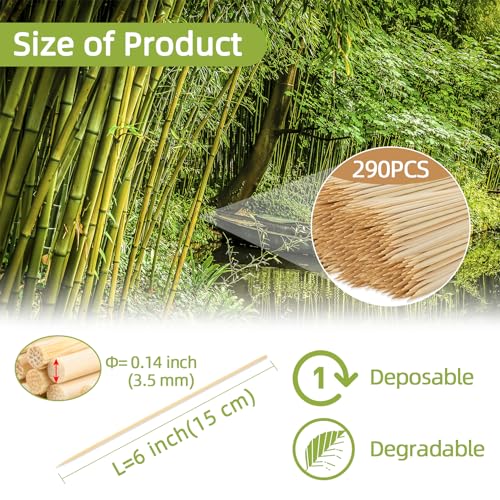 Sukh 290PCS Bamboo Sticks Bulk - Premium Natural Wooden Skewers Bamboo Skewers Wood Sticks for BBQ, Open Fire Pit, Caramel Apples, Hamburger, Fruit, Sukh