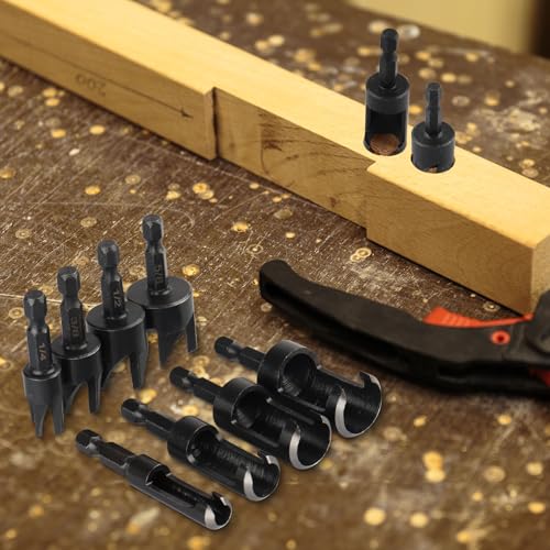 Rocaris 8 Pack Wood Plug Cutter Drill Bit Set, Straight and Tapered Taper Cutting Tool 1/4", 5/16", 3/8", 1/2", 1/4 Inch Hex Shank, Black Rocaris