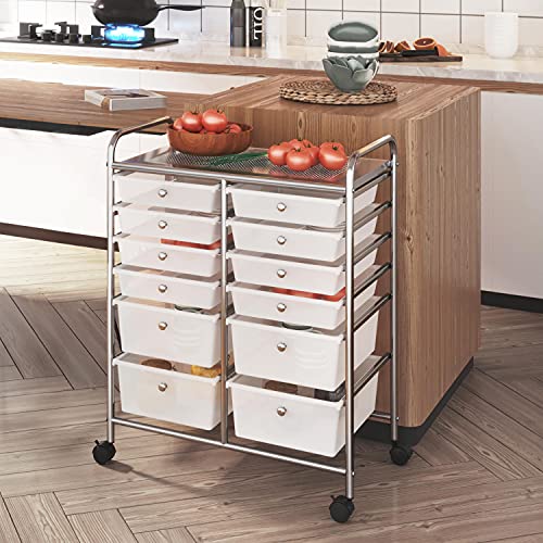 Yaheetech 12 Drawers Rolling Storage Cart Multipurpose Movable Organizer Cart Storage Bin Trolley Tools Scrapbook Paper Organizer on Wheels, White Yaheetech