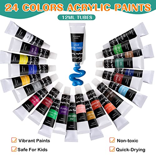 48 Piece Painting kit with 24 Acrylic Paints, 8 DIY Wooden Stencils 5 Canvas Panels 8 Brushes, Table Easel, Etc, Art Supplies Set for Kids Students koseibal