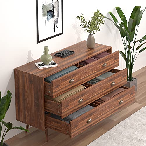 JOZZBY 6 Drawer Dresser with Metal Handle for Bedroom, Mid-Century, Modern Walnut Wood Dresser Chest of Drawers for Living Room, Hallway JOZZBY