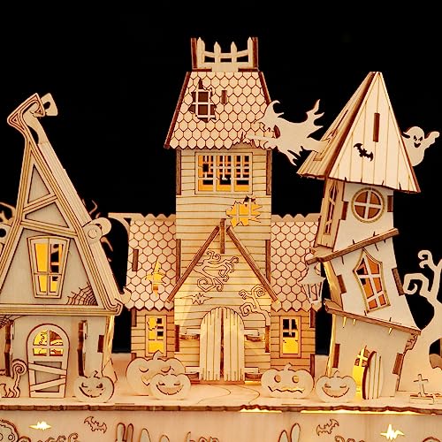 3D Wooden Halloween Haunted House Puzzles, Wood Creative Glow in The Dark Haunted House Puzzle, Assembly Model Building Kits to Build for Adults & varbertos