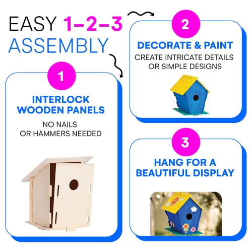 Neliblu 12 DIY Wooden Birdhouses - Kids Bulk Arts and Crafts Set, Crafts for Adults - with Unfinished Wood Birdhouse Kits, Paint Strips, Brushes and Neliblu