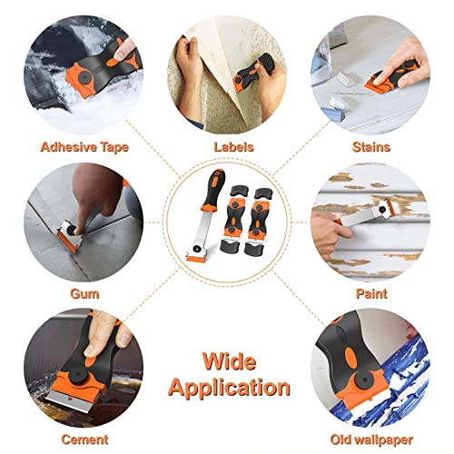 Ywmoml 3 Pack Razor Blade Scraper, Plastic Razor Blade Scraper, Scraper Tool with Extra 30 Plastic Razor Blades and 30 Metal Blades, Razor Scraper Ywmoml