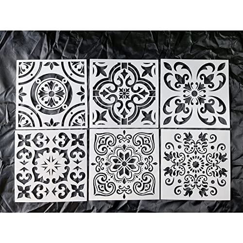 HELLATHUND 6pcs Reusable Tile Stencils 8x8 Inch, Mandala Stencils Painting, Stencils for Painting Floors, Wall Stencils for Painting HELLATHUND