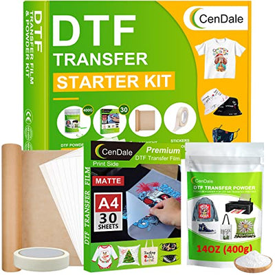 CenDale DTF Transfer Film and Powder Kit - 30 Sheets A4 DTF Film for Sublimation, 14oz White Medium DTF Powder, Direct-to-Film Transfer for Any