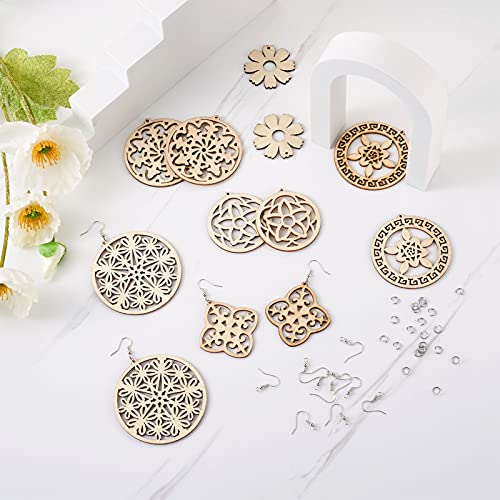 FASHEWELRY 80pcs Unfinished Filigree Flower Tree of Life Wooden Dangle Earring Pendants Natural Hollow Blank Wood Cutouts with 80pcs Jump Rings, FASHEWELRY