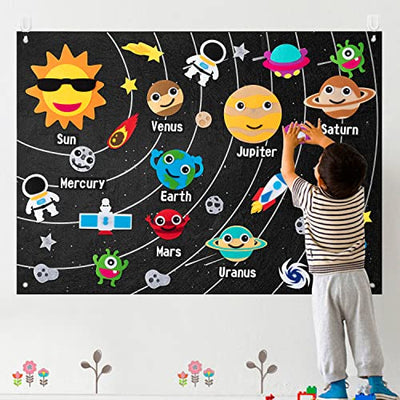 WATINC 44Pcs Outer Space Felt Story Board Set 3.5 Ft Solar System Universe Storytelling Flannel Interactive Play Kit with Hooks Astronaut Planets