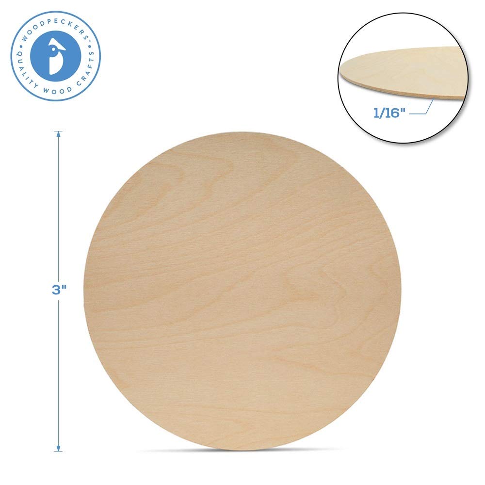 Wood Discs for Crafts, Blank Tokens, or Wooden Coins, 3 x 1/16 inch, Pack of 25 Unfinished Wood Circles, by Woodpeckers Woodpeckers