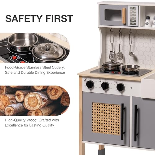 ROBOTIME Wooden Play Kitchen, Kids & Toddlers Kitchen Playset, Kids Play Kitchen Pretend Play Set with Lights & Sounds, Toy Kitchen for Ages 3+ ROBOTIME