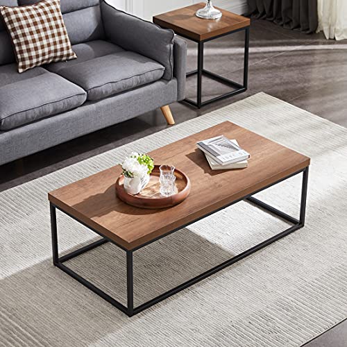CENSI Dark Walnut Coffee Table for Living Room, 47" Modern Industrial Rectangular Wood and Metal Coffee Table with Extra Thick Tabletop (Walnut) CENSI