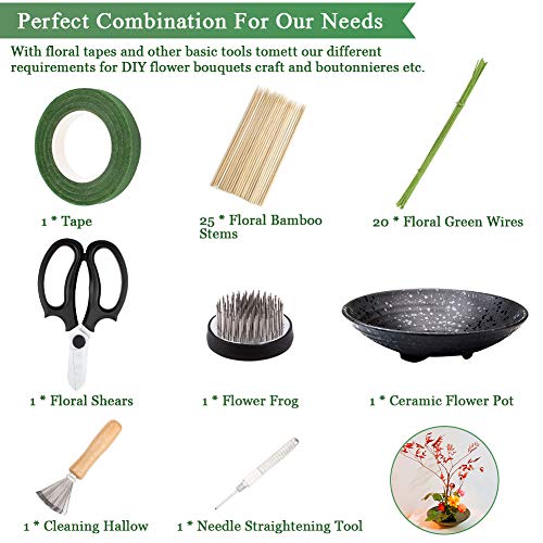 WANDIC Flower Arrangement Kit, Set of 51, Round Flower Holders, Ceramic Flower Pot, Kenzan Needle Cleaning Pin & Rake, Floral Stems and Floral Tape WANDIC