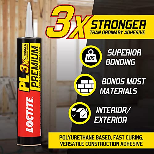 Loctite PL Premium Polyurethane Construction Adhesive, Versatile Construction Glue for Wood, Concrete, Metal & More - 10 fl oz Cartridge, Pack of 1 Loctite