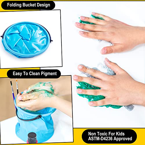 JOYIN 12PCS Washable Kids Tempera Paint Set (2 oz Each), Liquid Paint with 6 Brushes, 2 Palette & 1 Stretchable Washing Bucket , Non-Toxic Kids Paint JOYIN