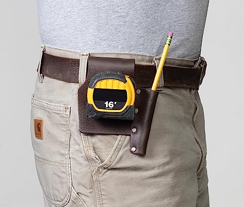 The Wood Shop Mate Heavy Duty Tape Measure Pencil Holder in Top Grain Leather Made to Last A Lifetime (Pencil on Left) Barefoot Custom Creations
