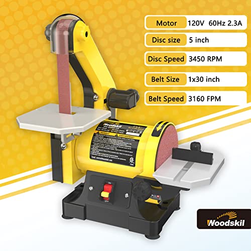 Woodskil Professional Belt Sander, 1 in. x 30 in. Belt Sander and 5 in. Disc Sander, Disc Belt Sander for Woodworking with 1/3 HP Low Noise Induction Woodskil
