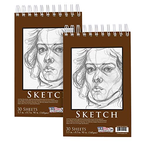 U.S. Art Supply 5.5" x 8.5" Top Spiral Bound Sketch Book Pad, Pack of 2, 30 Sheets Each, 90lb (160gsm) - Acid-Free Heavyweight Paper, Artist US Art Supply