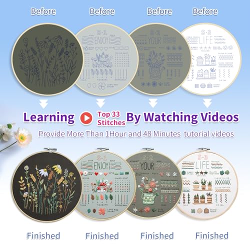 ETSPIL 4 Sets Embroidery Kit for Beginners ,Plant Kits for Adults Learn 33 Different Stitches,Includes Stamped Pattern, Easy to Follow Instruction & ETSPIL