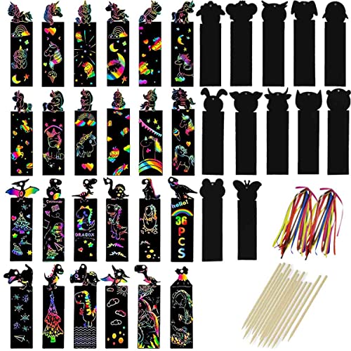 Scratch Paper Art Set for Kids 36PCS Scratch Paper Bookmarks Magic Scratch Bookmarks for Crafts Gift Christmas Supplies Rainbow Scratch Diy Craft Kit yuntop