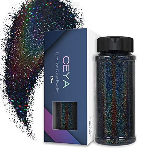 Ceya 3.5oz/ 100g Holographic Ultra Fine Glitter Powder Laser Black Glitter 1/128” 0.008” 0.2mm for Slime Epoxy Resin Craft Tumbler Jewelry Nail Art ceya