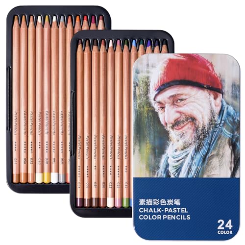 LIGHTWISH Professional Colored Charcoal Pencils,24 Colors Pastel Chalk Pencils Set in Gift Metal Box,for Beginners Adults Artists Shading Drawing LIGHTWISH