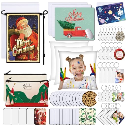 128 PCS Sublimation Blanks Products, Modacraft Christmas Ornaments Crafts Sublimation Starter Kit with Instruction Manual, Blank Makeup Bag Fridge Modacraft