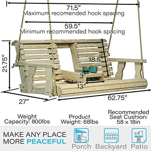 Porchgate Amish Heavy Duty 800 Lb Rollback Console Treated Porch Swing with Hanging Ropes (Unfinished) Porchgate