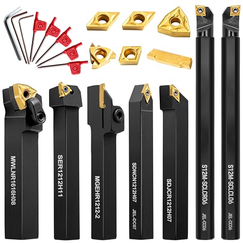 Metal Lathe Cutting Tools - 7PCS 1/2" Turning Holder Boring Bars with 7pcs Indexable Carbide Inserts CCMT060204 DCMT070204 11IR 16ER MGMN200-G IWONGO