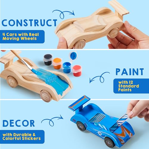 Klever Kits 4 DIY Wooden Race Cars-Build & Paint Your Own Wood Craft Kit, 4 Race Cars Toy, Easy to Assemble Arts Crafts Kit, Birthday Party Christmas Klever Kits