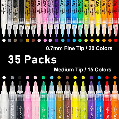 35 Premium Acrylic Paint Marker Pens, Double Pack of Both Extra Fine and Medium Tip, for Rock Painting, Mug, Ceramic, Glass, Wood, Fabric, Canvas, NAWOD