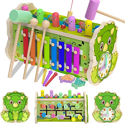 Achiyway Montessori Wooden Toy for 1 Year Old, 7 in 1 Toddler Educational Hammering Pounding Toy with Xylophone, Maze, Puzzle, Hammers, Clock, Magneti