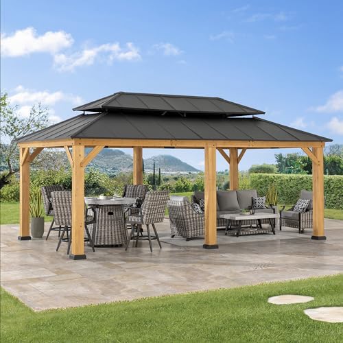 Sunjoy 12 x 20 ft. Wood Gazebo, Outdoor Patio Steel Hardtop Gazebo, Cedar Framed Wooden Gazebo with 2-Tier Metal Roof, Suitable for Patios, Lawn and Sunjoy