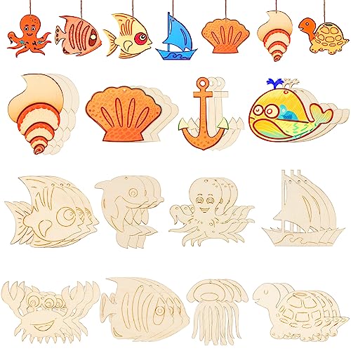 36Pcs Ocean Themed Party Hanging Ornaments Sea Tropical Wooden Slices Fish Animal Hanging Decor Fish Sea Turtle Crab Dolphin Octopus for Sea Party HooAMI