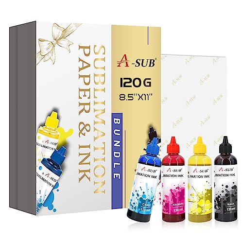 A-SUB Sublimation Starter Kit with Sublimation Paper and Sublimation Ink, 120g Sublimation Paper 8.5X11 Inch and 480ML CMYK Sublimation Ink Bundle A-SUB