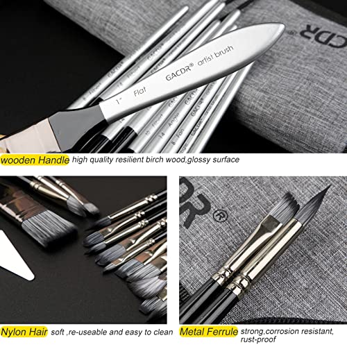 GACDR Acrylic Paint Brush Set, 24 Pieces Paint Brushes for Acrylic Painting with Cloth Roll Case and 2 Sponges, Pinceles para Acrilico for Oil GACDR