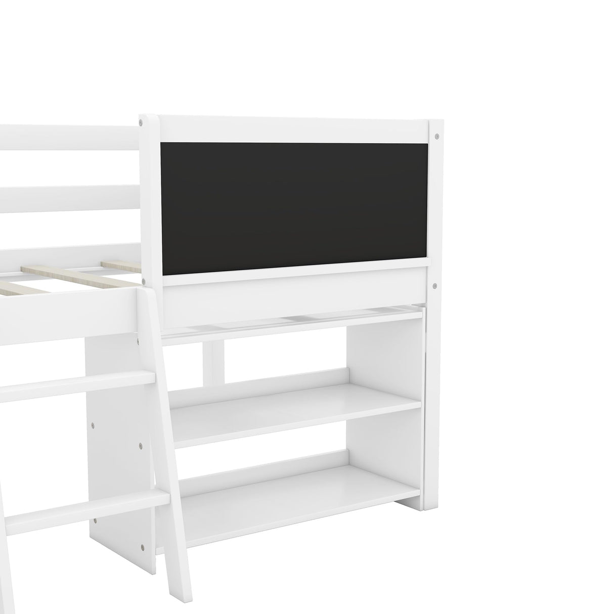 SOFTSEA Twin Size Low Loft Bed with Movable Shelves and Chalkboard - Space-Saving Wooden Design in White SOFTSEA