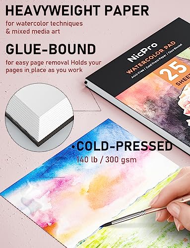 Nicpro 48 Colors Watercolor Paint Set with 8PCS Squirrel Painting Brushes, 25 Sheet Water Color Paper, 2 Water Brush Pens, Palette, Sponge, Art Nicpro