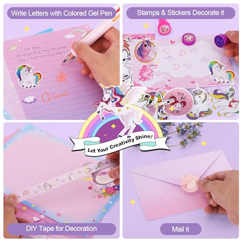 homicozy Unicorn Kids Stationary Set for Girls, Unicorns Gifts For Girls Ages 5 6 7 8 9 10 11 Year Old, Letter Writing Crafting Kit with Storage Box, homicozy