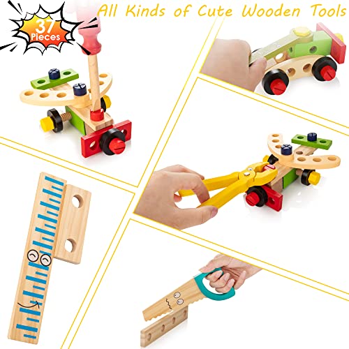 KIDWILL Tool Kit for Kids, 37 pcs Wooden Toddler Tools Set Includes Tool Box & Stickers, Montessori Educational STEM Construction Toys for 3 4 5 6 7 KIDWILL
