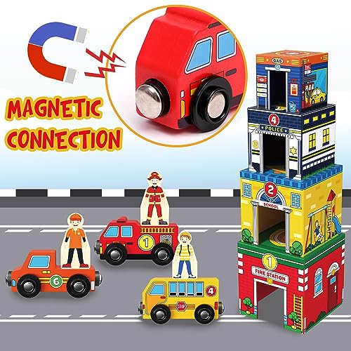 Atoylink Toddler Sorting and Stacking Toys with Magnetic Wooden Cars & Community Helpers, Baby Number Blocks Nesting Boxes Preschool Learning Atoylink