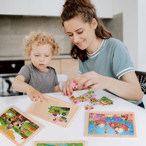 Wooden Puzzles Toys for Kids Ages 3-5, Set of 4 Packs with 24-Piece Farm, Insects, Animals Wood Jigsaw Puzzles, Preschool Educational Brain Teaser NASHRIO