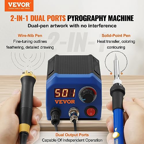 VEVOR Wood Burning Kit, 250~700°C Adjustable Temperature with Display, Dual Output Port with 2 Pyrography Pens, 23 Wire Nibs, 5 Solid-Point Tips, 2 VEVOR