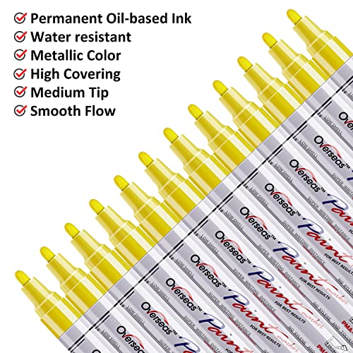 Lesun Yellow Paint Pens Paint Markers, 12 Pack Waterproof Oil-Based Paint Pen Set Quick Dry and Permanent, Markers for Rock Painting, Stone, Ceramic, Lesun